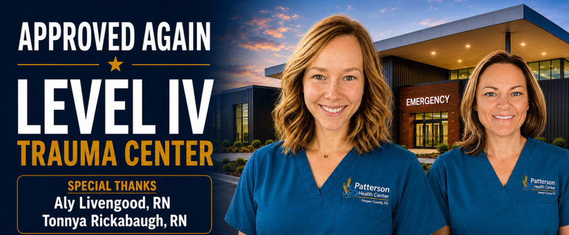 A graphic for Patterson Health Center announcing its Level IV Trauma Center re-designation